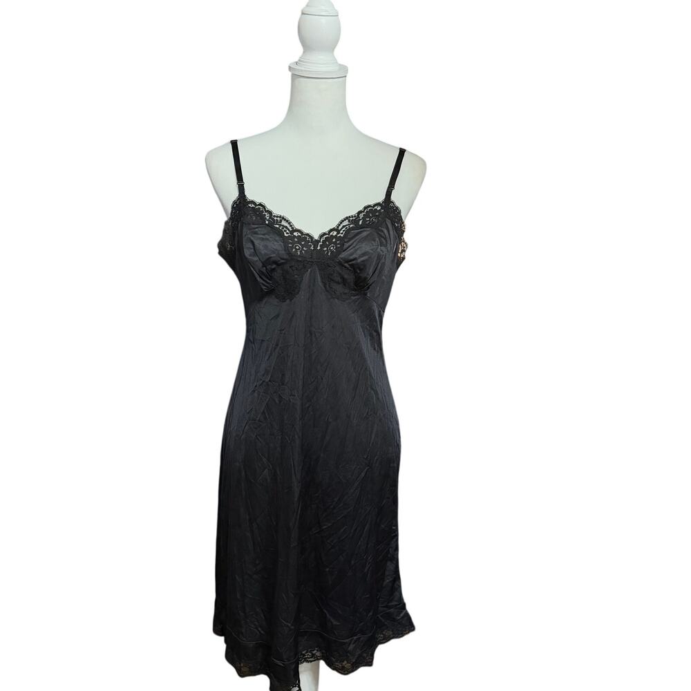Vintage Black Lace Trim Nylon Slip Dress Night Gown Size Medium